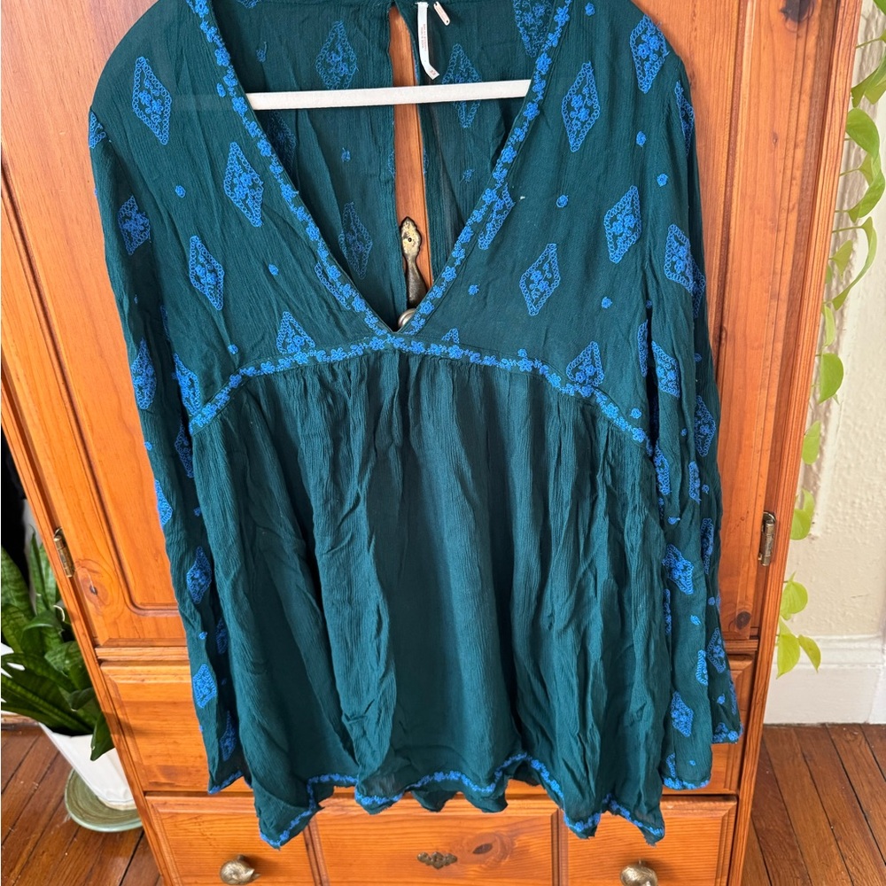 Free People Teal Blouse with Blue Accents